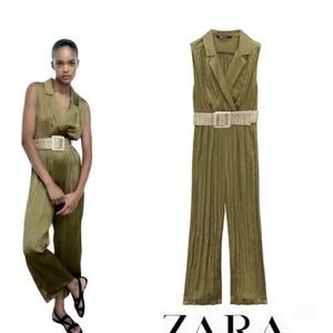 ZARA WRINKLE EFFECT with BELT lightweight olive green Small sleeveless